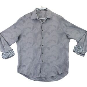 Bugatchi Uomo Mens Grey Palm Leaf Pattern Long Sleeve Button Up Shirt  XL